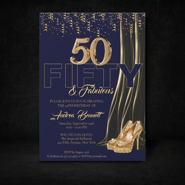 Gold High Heels Elegant Navy 50 Fabulous Birthday Invitation (Gold Navy 50th birthday invitation high heels)