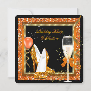 Gold High Heels Glitter Orange Birthday Black Invitation