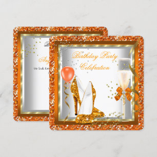 Gold High Heels Glitter Orange Birthday Party 2 Invitation