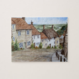 Gold Hill, Shaftesbury, Dorset Watercolor Painting Jigsaw Puzzle