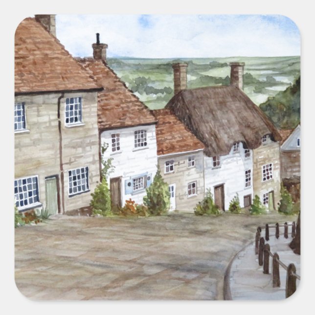 Gold Hill, Shaftesbury, Dorset Watercolor Painting Square Sticker (Front)