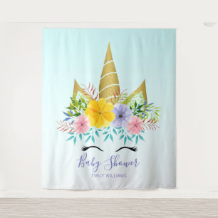 Gold hold floral unicorn baby shower tapestry