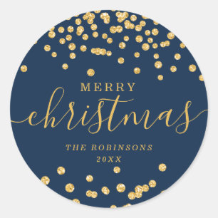 Gold Holiday Christmas Glitter Confetti Navy Classic Round Sticker
