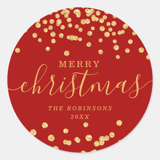 Gold Holiday Christmas Glitter Confetti Red Classic Round Sticker (Front)