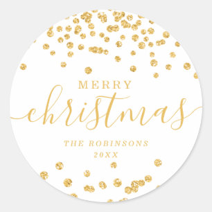 Gold Holiday Christmas Glitter Confetti White Classic Round Sticker