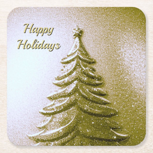 Gold Holiday Christmas Tree Paper Coaster (Front)
