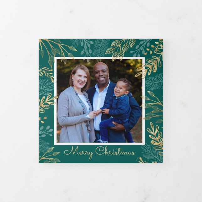 Gold Holiday Greenery on Teal 4 Photo Christmas Tri-Fold Holiday Card (Cover)