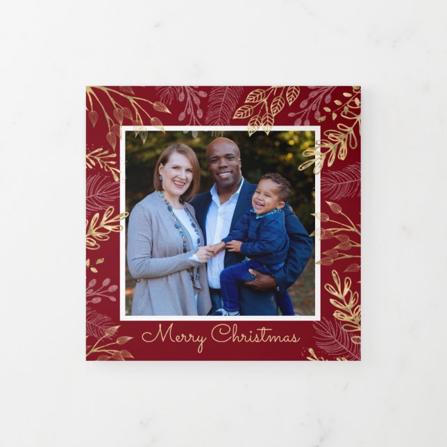 Gold Holiday Greenery Red 4 Photo Christmas Tri-Fold Holiday Card (Cover)