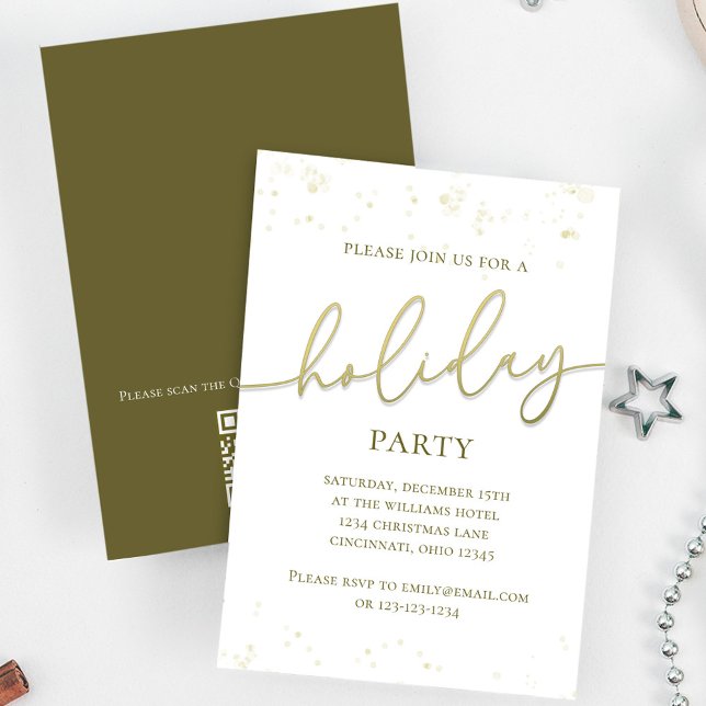 Gold Holiday Party Calligraphy Script Custom Invitation (Holiday party gold gradient calligraphy script invitation. With a scannable QR Code.)