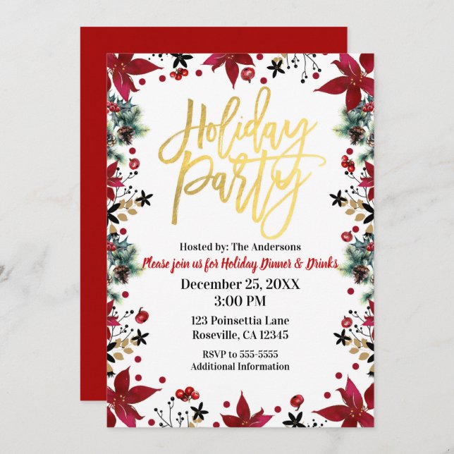 Gold Holiday Party Poinsettia Floral Christmas Invitation (Front/Back)