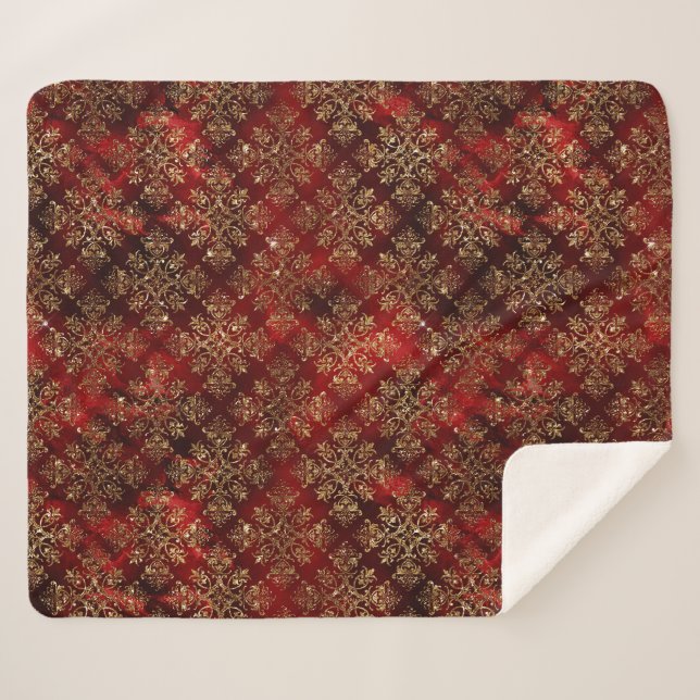 Gold Holiday Red Christmas Metallic Damask Elegant Sherpa Blanket (Front (Horizontal))
