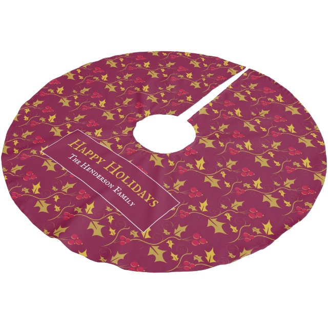 Gold holly and red berries foliage pattern custom brushed polyester tree skirt (Angled)