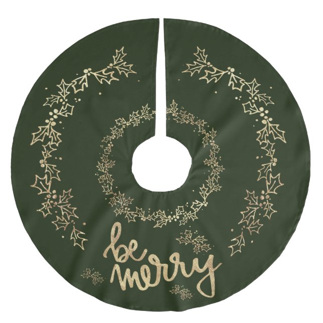 Gold Holly Be Merry Christmas Green Brushed Polyester Tree Skirt (Front)