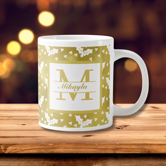 Gold Holly Botanical Monogram Christmas Large Coffee Mug (Gold Holly Monogram Christmas Mug)