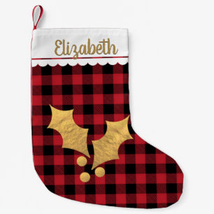 Gold Holly Buffalo Check Personalised Small Christmas Stocking