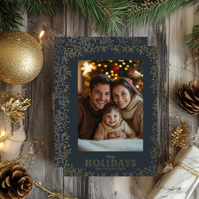 Gold Holly Christmas Photo  Foil Holiday Card (Gold Foil and Navy Christmas Greeting Card)