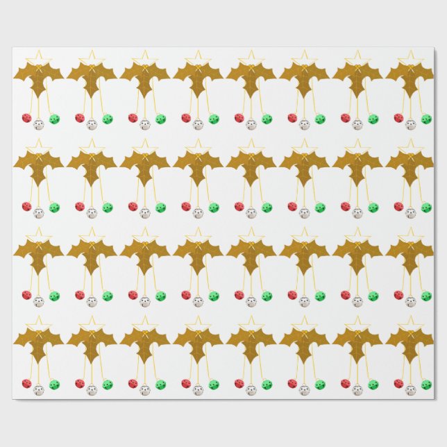Gold Holly Jingle Bells White Wrapping Paper (Flat)