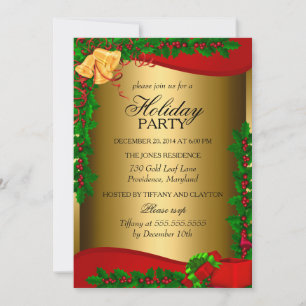 Gold Holly Leaves Bell Christmas Holiday Invite