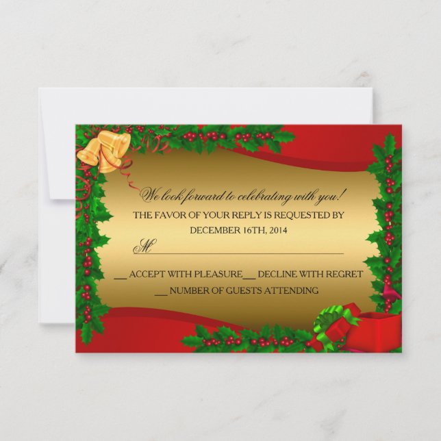 Gold Holly Leaves Bell Christmas Holiday RSVP Card (Front)