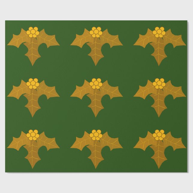 Gold Holly on Dark Green Wrapping Paper (Flat)