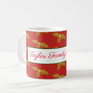 Gold Holly on Red Customisable Coffee Mug
