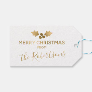 Gold Holly White Merry Christmas From Name Gift Tags