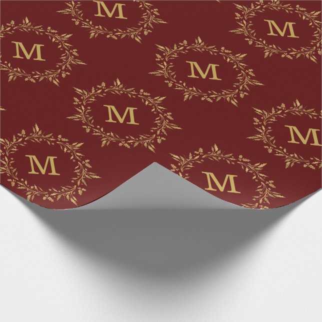 Gold Holly Wreath Christmas Custom Monogram Wrapping Paper (Corner)
