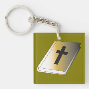 Gold Holy Bible with Black Cross Religious Key Ring
