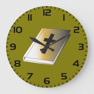 Gold Holy Bible with Black Cross Religious Large Clock