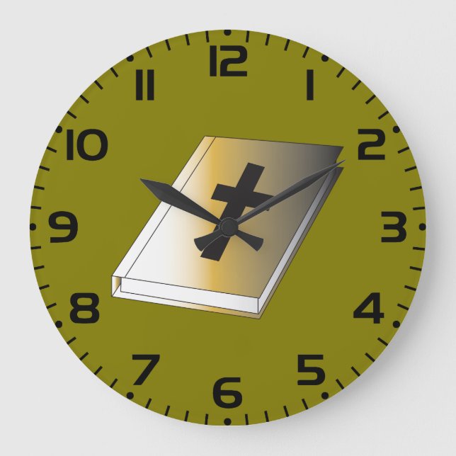Gold Holy Bible with Black Cross Religious Large Clock (Front)