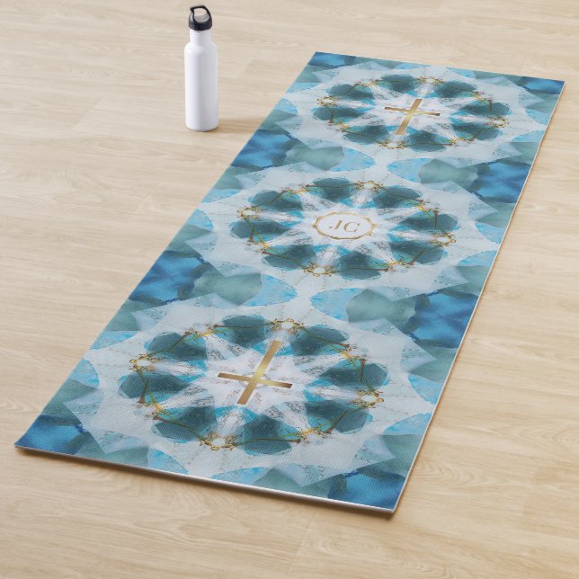 Gold Holy Cross Spotlight, Pretty Blue Watercolor Yoga Mat (In Situ)