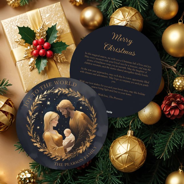 Gold Holy Family Nativity Exquisite Christmas  Holiday Card (Faux Gold Holy Family Nativity Exquisite Christmas Contemporary and Original Round Holiday Cards.)