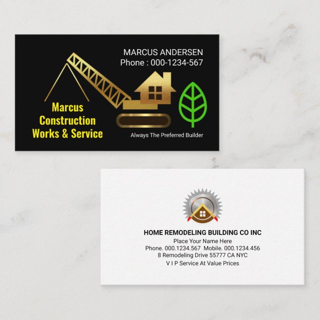 Gold Home Building Crane Business Card (Front/Back)