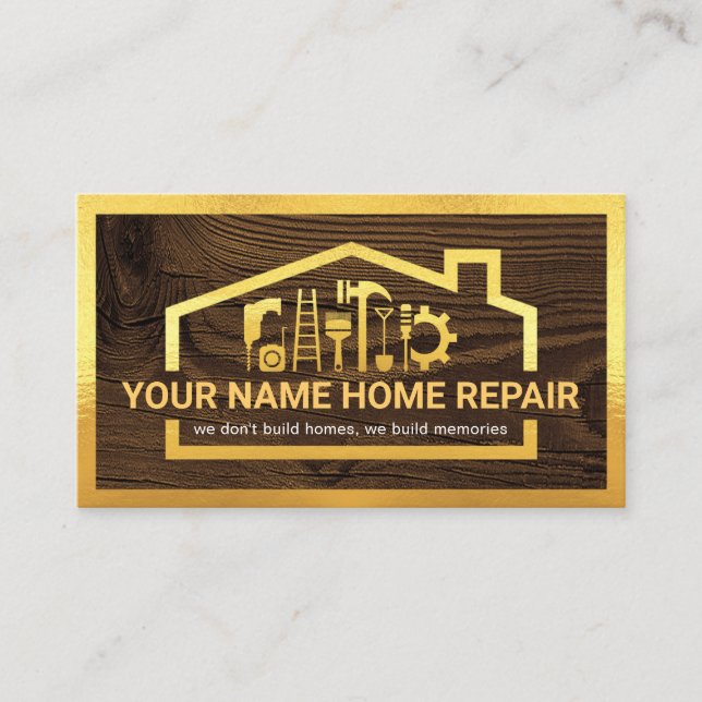 Gold Home Handyman Tools Frame On Wood Business Card (Front)