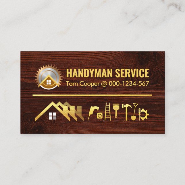 Gold Home Handyman Tools On Timber Business Card (Front)
