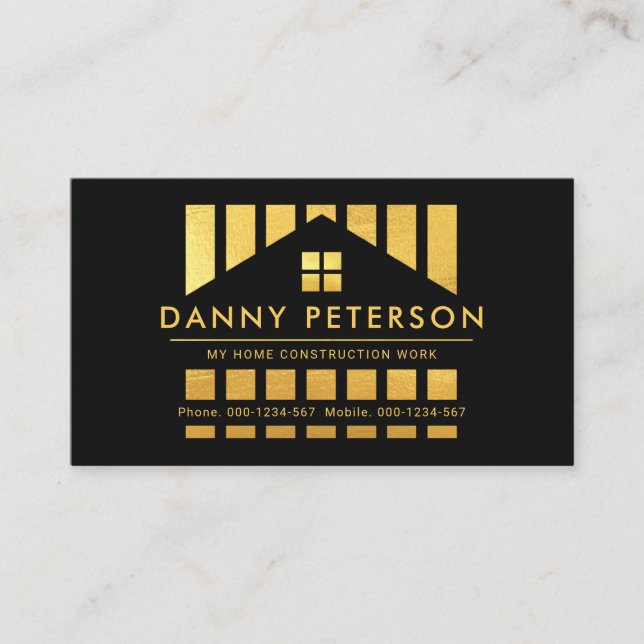 Gold Home Silhouette Construction Piling Business Card (Front)
