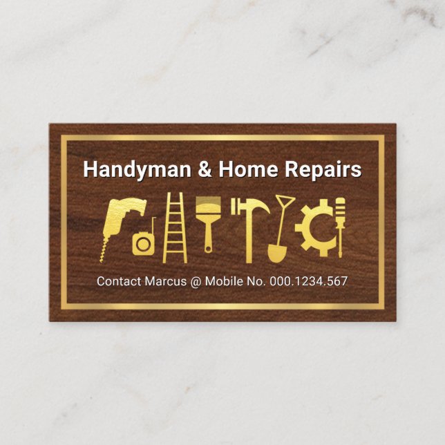 Gold Home Tools On Timber Wood Business Card (Front)