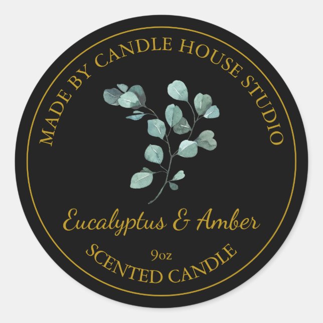 Gold Homemade Eucalyptus Candle Label | Black (Front)