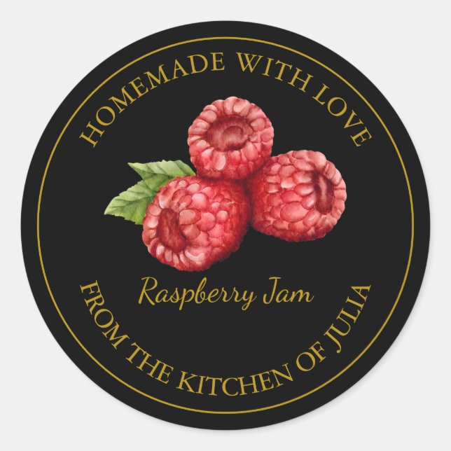 Gold Homemade Raspberry Jam Label | Black (Front)