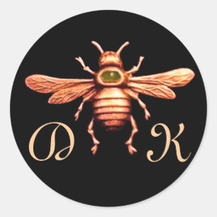 GOLD HONEY BEE / BEEKEEPER BEEKEEPING MONOGRAM CLASSIC ROUND STICKER