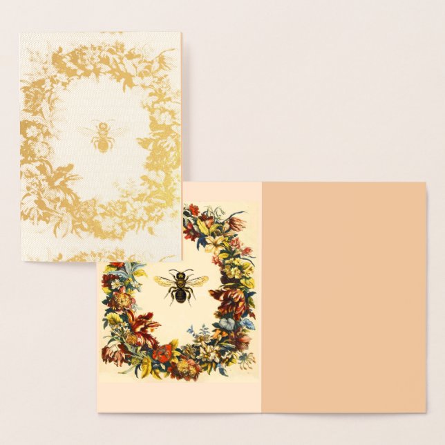 GOLD HONEY BEE  WITH FLORAL CROWN FOIL CARD (Display)