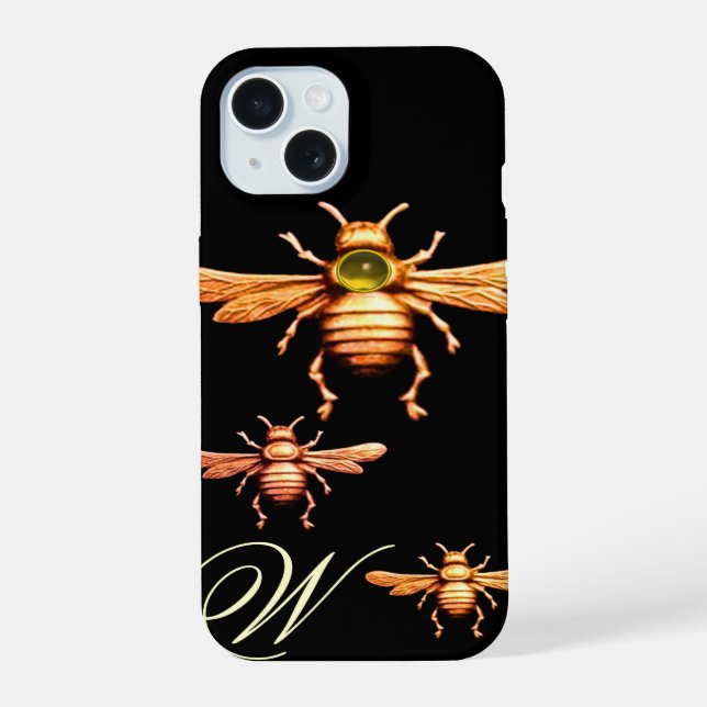 GOLD HONEY BEES MONOGRAM iPhone 15 CASE (Back)