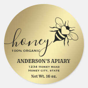 Gold honeybee script honey jar classic round sticker