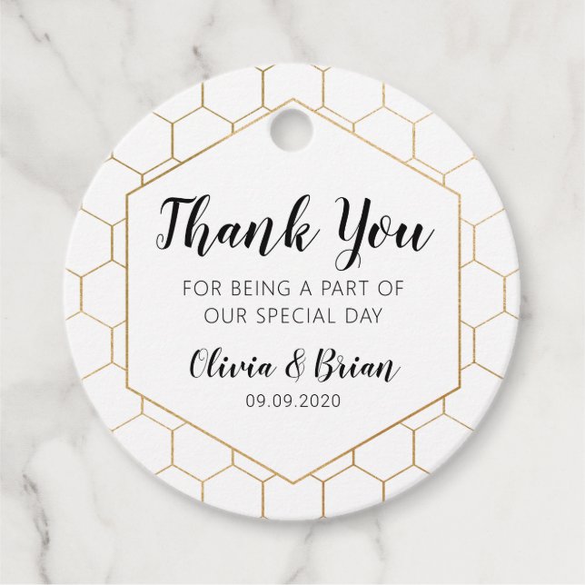 Gold Honeycomb Wedding Thank You Favour Tag (Front)
