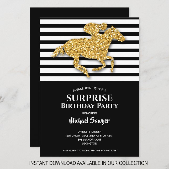 Gold Horse Black White Stripes Birthday Invites (INSTANT DOWNLOAD available in our collection to send your invitations digitally.)