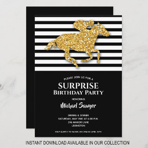 Gold Horse Black White Stripes Birthday Invites
