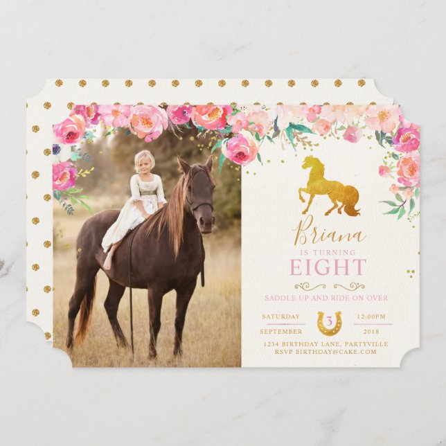 Gold Horse & Floral Photo Birthday Invitation (Front/Back)