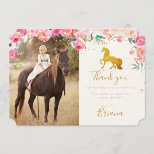 Gold Horse & Floral Photo Thank you card