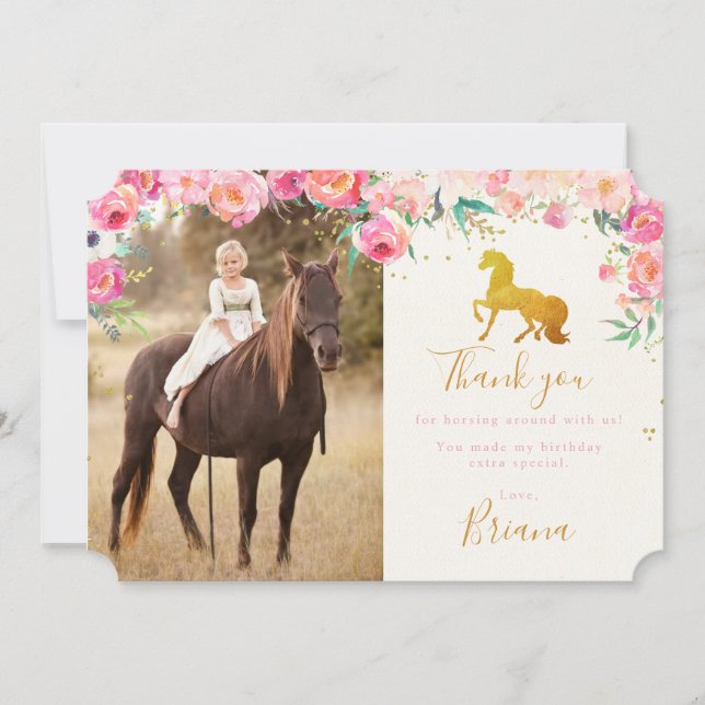 Gold Horse & Floral Photo Thank you card (Front)
