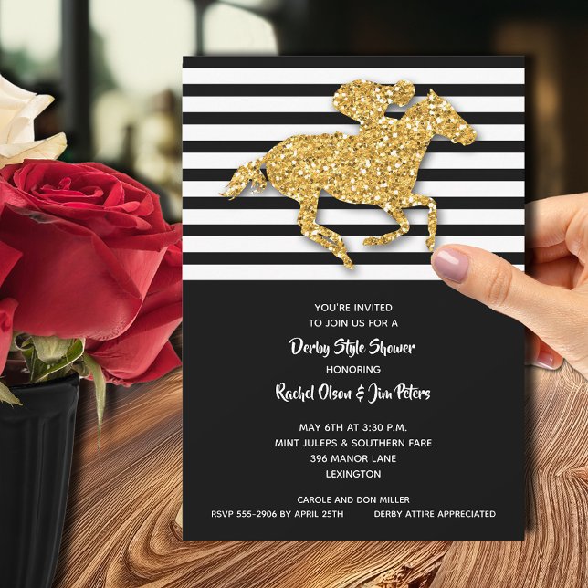 Gold Horse Stripes Derby Bridal Shower Invitation (Gold racehorse Derby-theme bridal shower invitations - PRINTED and/or INSTANT DOWNLOAD)